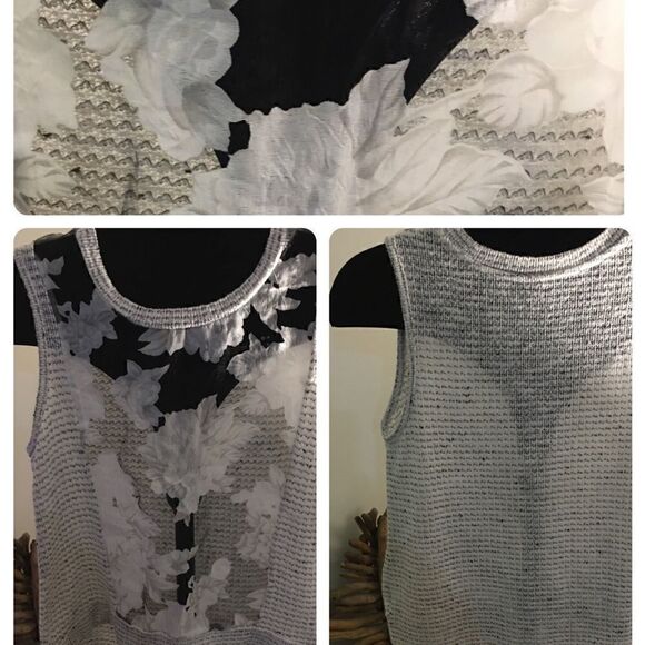Paper Crane Lite Weight Waffle Knit Tank With Black Silky Floral Mesh front - Picture 1 of 6